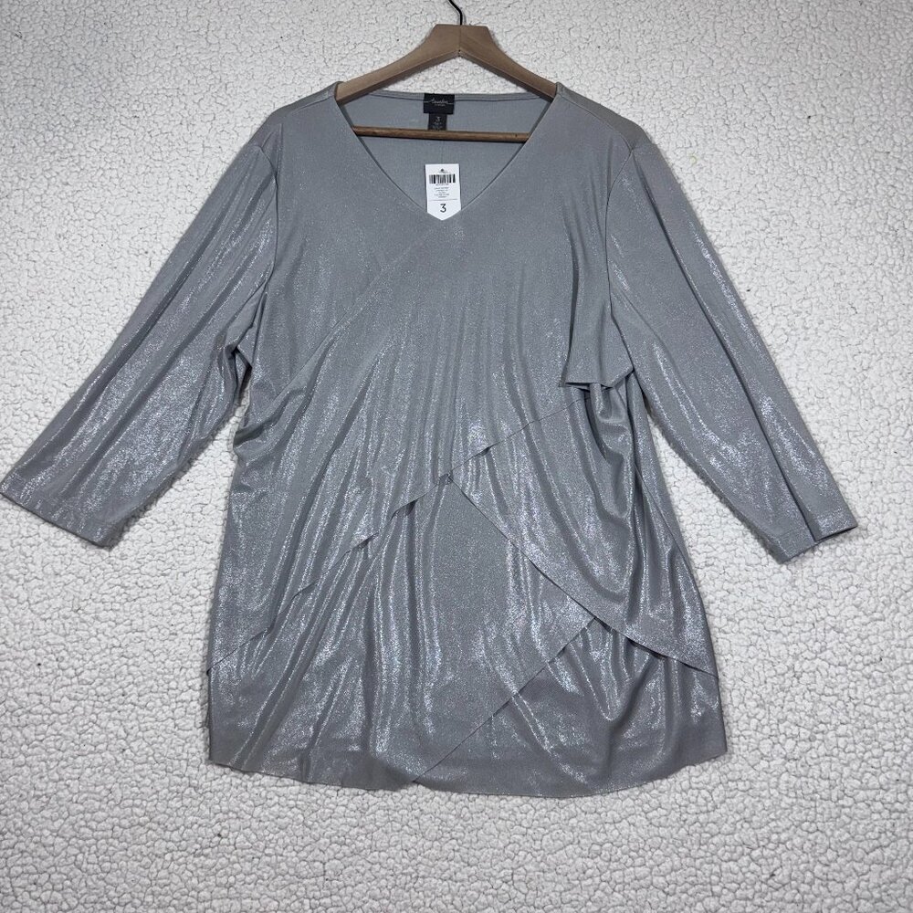 Travelers by Chicos Silver Shimmer Layered Top Womens Size 3 (US XL) NEW